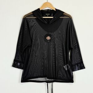 Tricotto Black Sheer Mesh Studded Medallion Hooded Shirt Top Women's Small